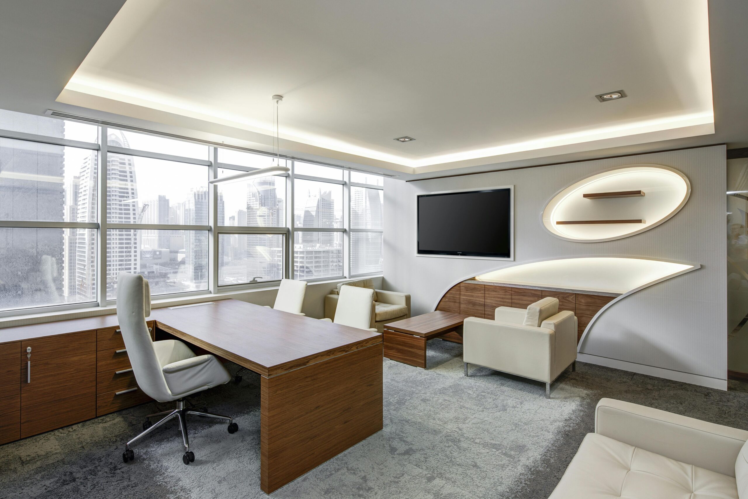 Service Sleek office space featuring contemporary furniture and city skyline views, ideal for professionals.
